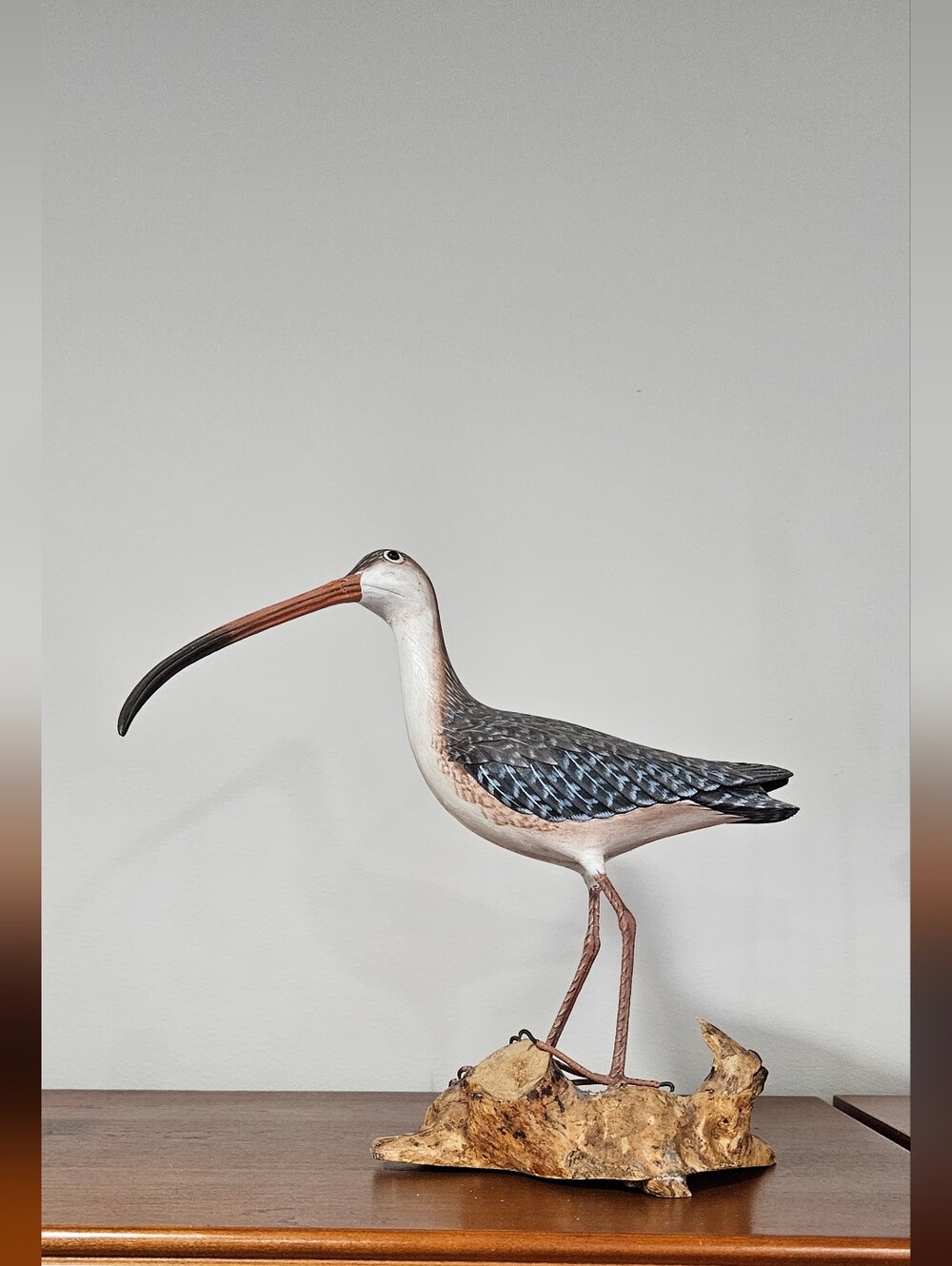 Hand-Painted Long-Billed Shorebird Sculpture in Blue and Cream